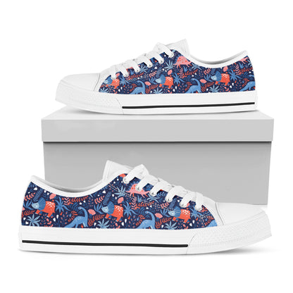 Cute Dino Leaves And Flowers Print White Low Top Shoes