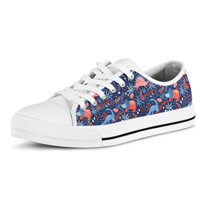 Cute Dino Leaves And Flowers Print White Low Top Shoes