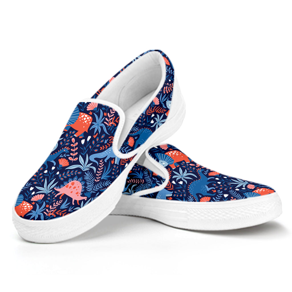 Cute Dino Leaves And Flowers Print White Slip On Shoes