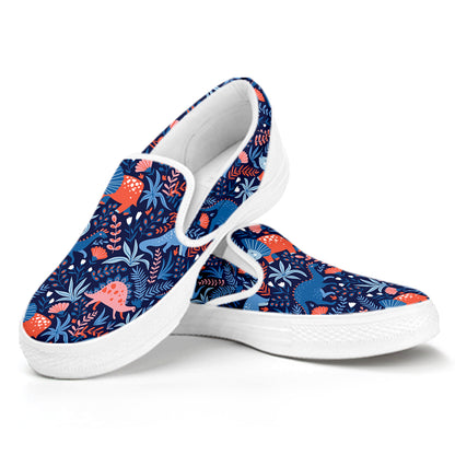 Cute Dino Leaves And Flowers Print White Slip On Shoes