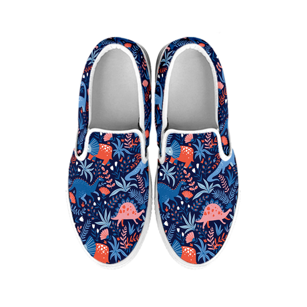 Cute Dino Leaves And Flowers Print White Slip On Shoes