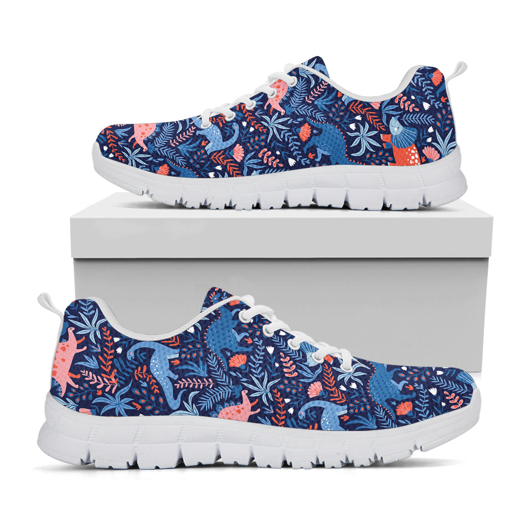 Cute Dino Leaves And Flowers Print White Sneakers