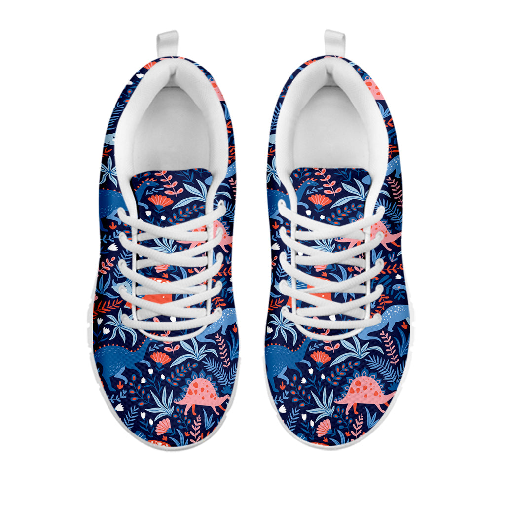 Cute Dino Leaves And Flowers Print White Sneakers