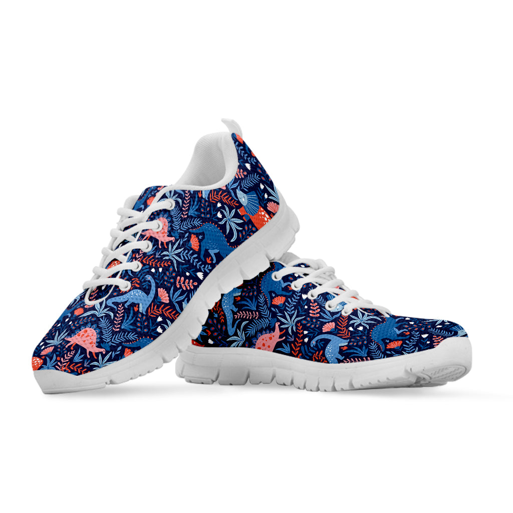 Cute Dino Leaves And Flowers Print White Sneakers