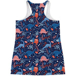 Cute Dino Leaves And Flowers Print Women's Racerback Tank Top