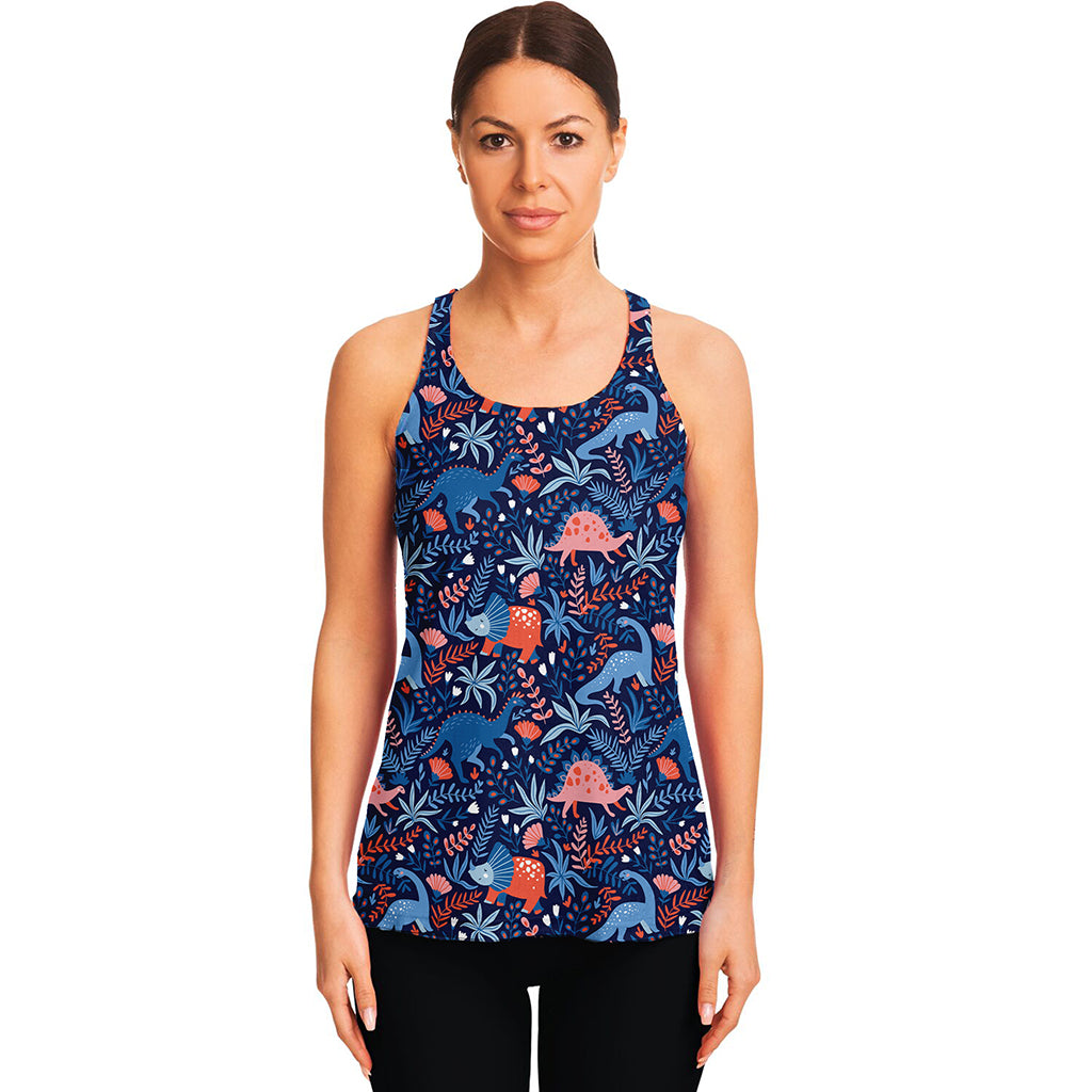 Cute Dino Leaves And Flowers Print Women's Racerback Tank Top