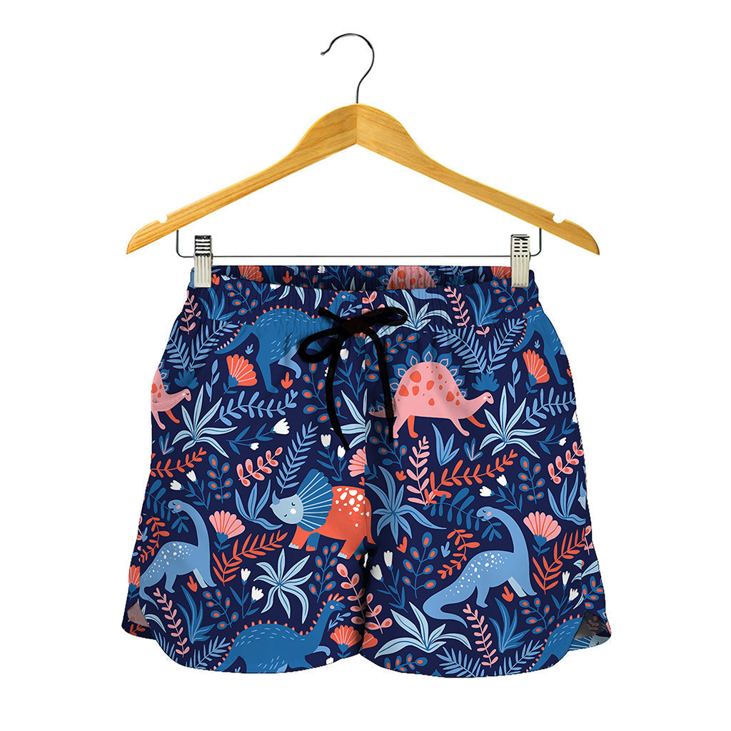 Cute Dino Leaves And Flowers Print Women's Shorts