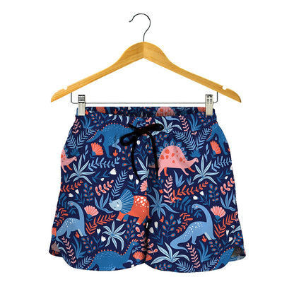 Cute Dino Leaves And Flowers Print Women's Shorts