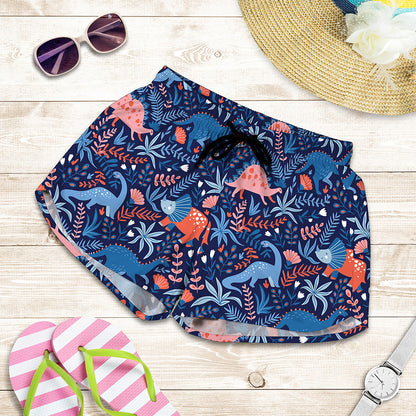 Cute Dino Leaves And Flowers Print Women's Shorts