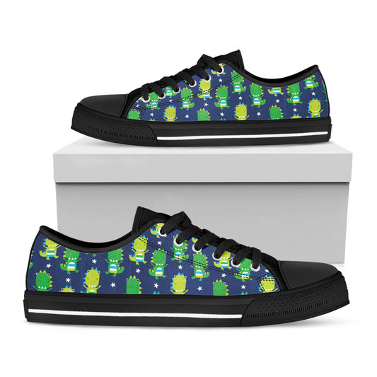 Cute Dino T-Rex Pattern Print Black Low Top Shoes