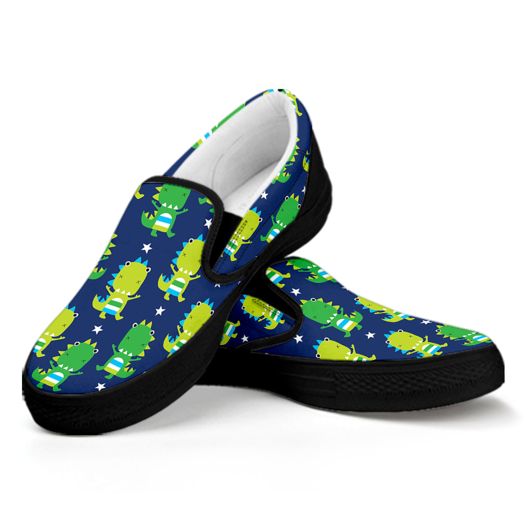 Cute Dino T-Rex Pattern Print Black Slip On Shoes
