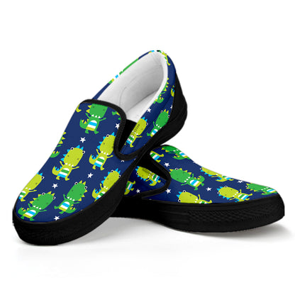 Cute Dino T-Rex Pattern Print Black Slip On Shoes