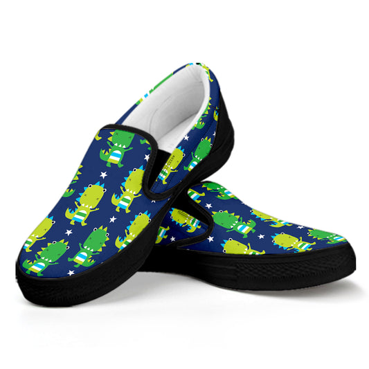 Cute Dino T-Rex Pattern Print Black Slip On Shoes