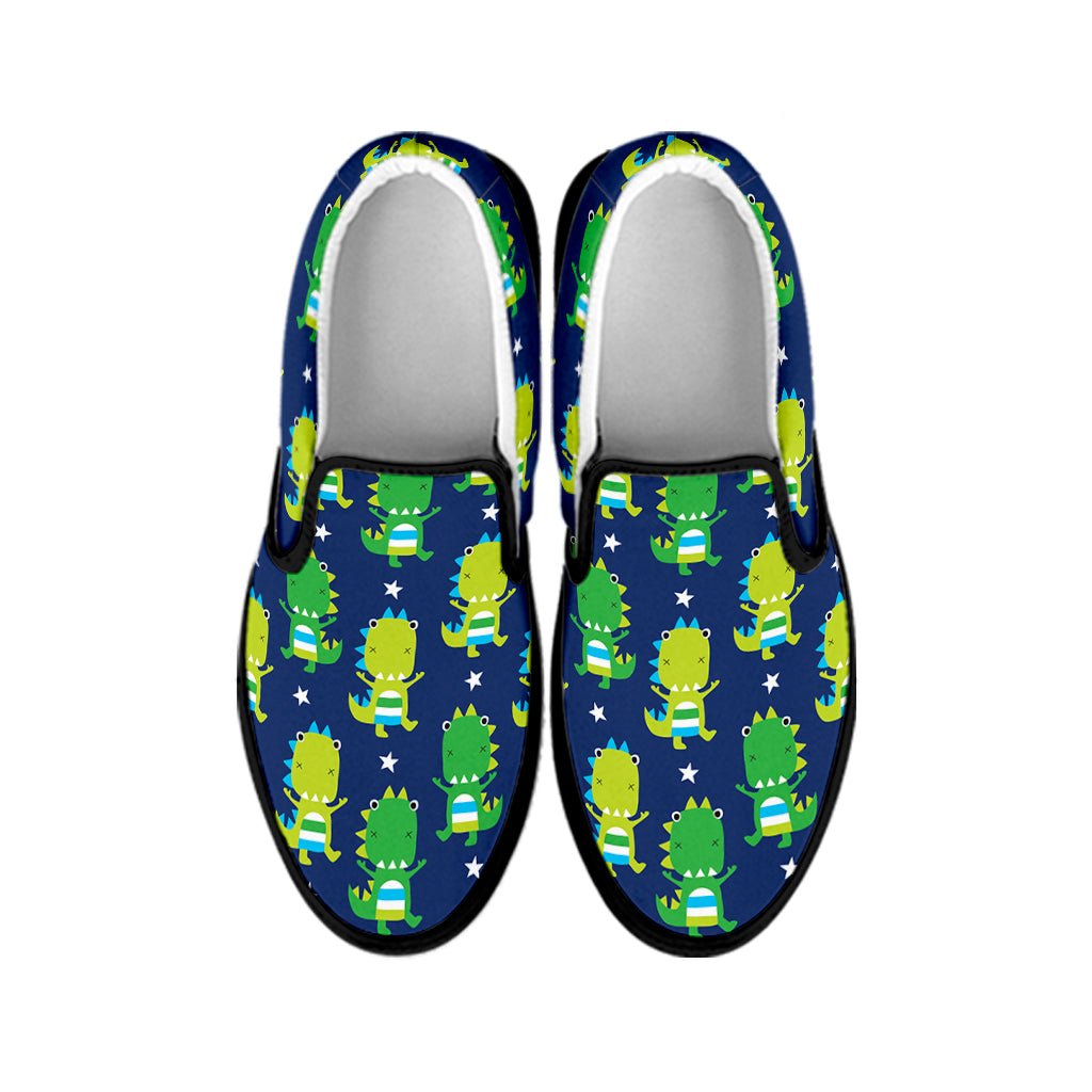 Cute Dino T-Rex Pattern Print Black Slip On Shoes