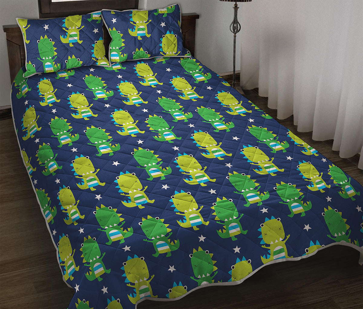 Cute Dino T-Rex Pattern Print Quilt Bed Set