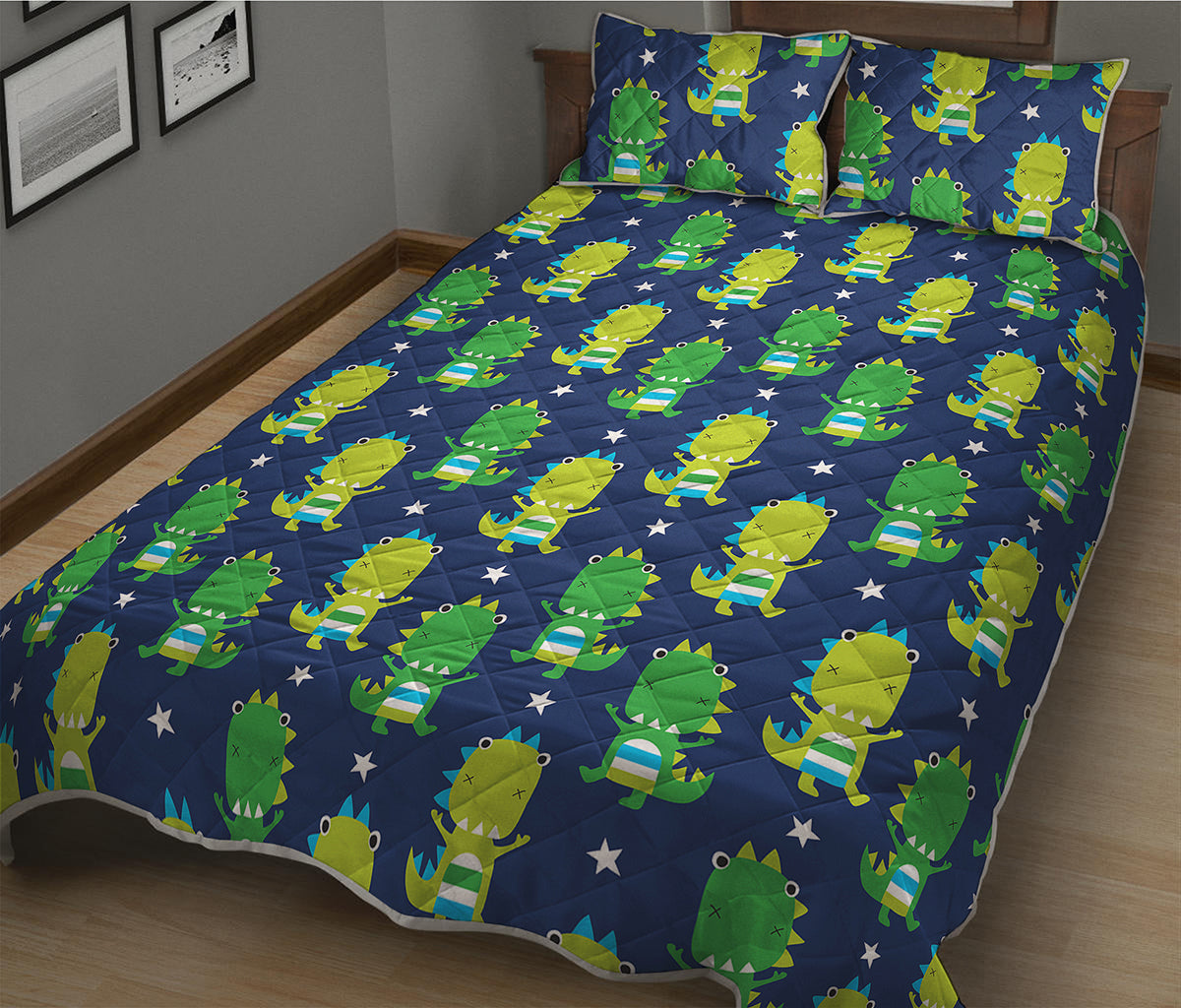 Cute Dino T-Rex Pattern Print Quilt Bed Set