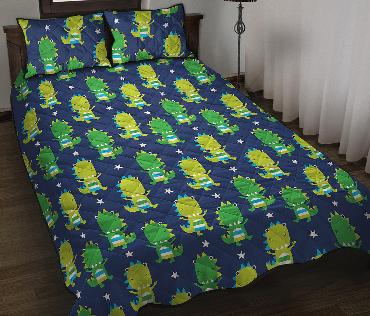 Cute Dino T-Rex Pattern Print Quilt Bed Set