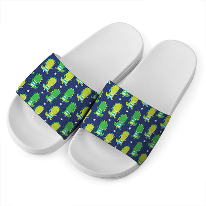 Cute Dino T-Rex Pattern Print White Slide Sandals