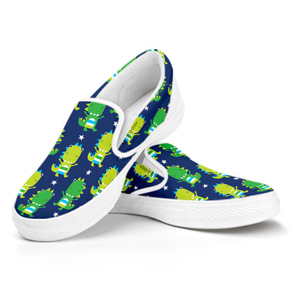 Cute Dino T-Rex Pattern Print White Slip On Shoes