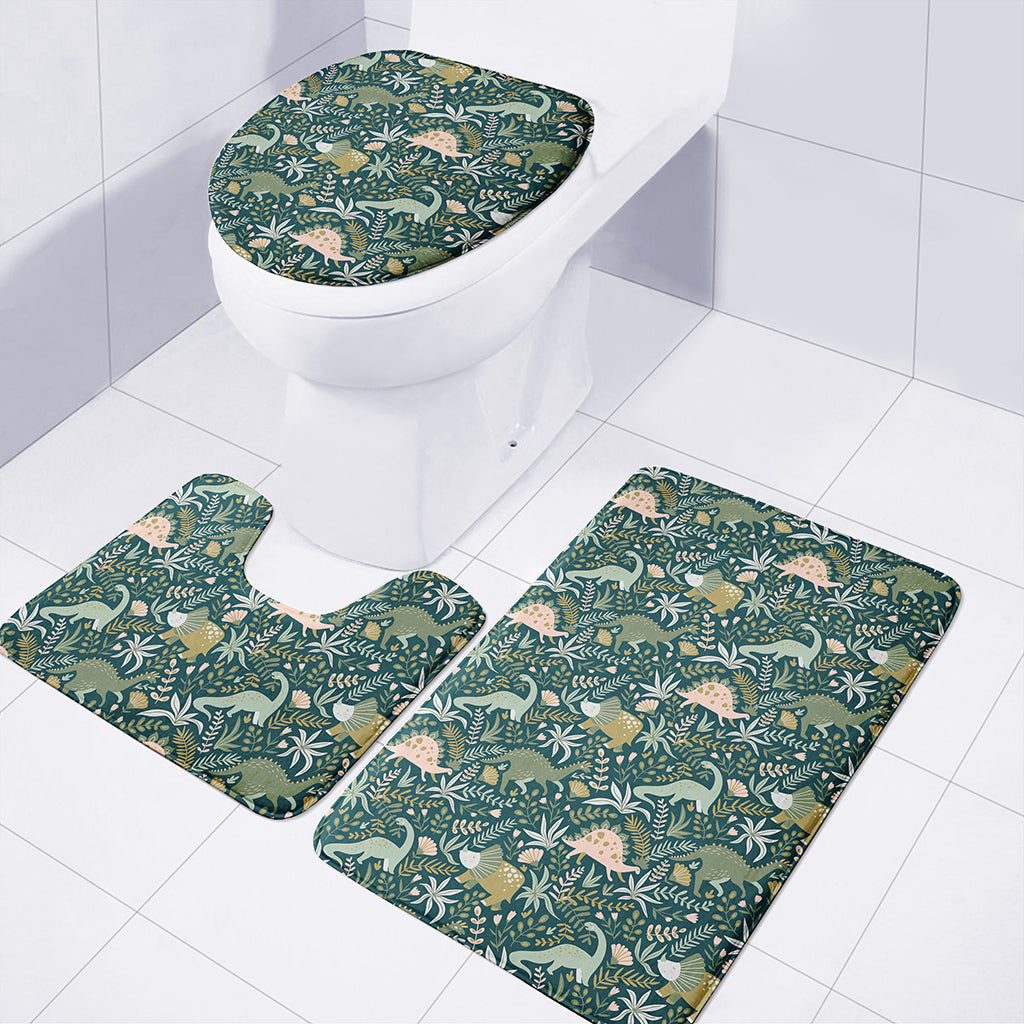 Cute Dino Tropical Leaves Pattern Print 3 Piece Bath Mat Set