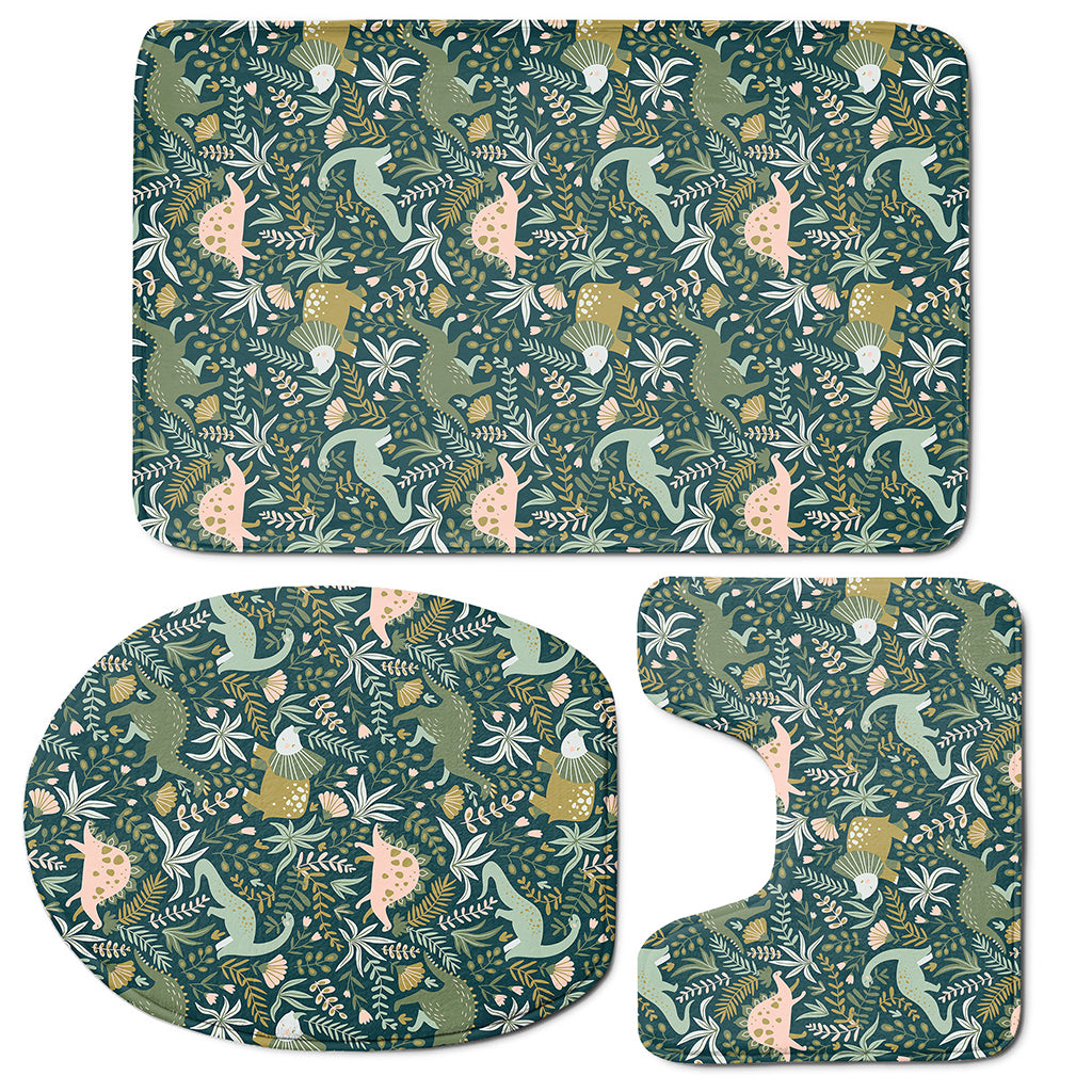 Cute Dino Tropical Leaves Pattern Print 3 Piece Bath Mat Set