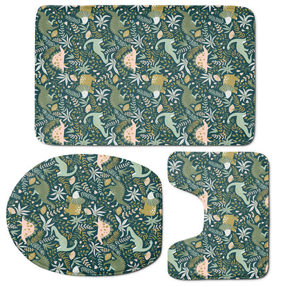 Cute Dino Tropical Leaves Pattern Print 3 Piece Bath Mat Set