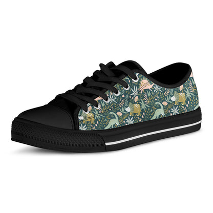 Cute Dino Tropical Leaves Pattern Print Black Low Top Shoes