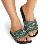 Cute Dino Tropical Leaves Pattern Print Black Slide Sandals