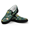 Cute Dino Tropical Leaves Pattern Print Black Slip On Shoes