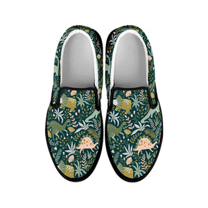 Cute Dino Tropical Leaves Pattern Print Black Slip On Shoes