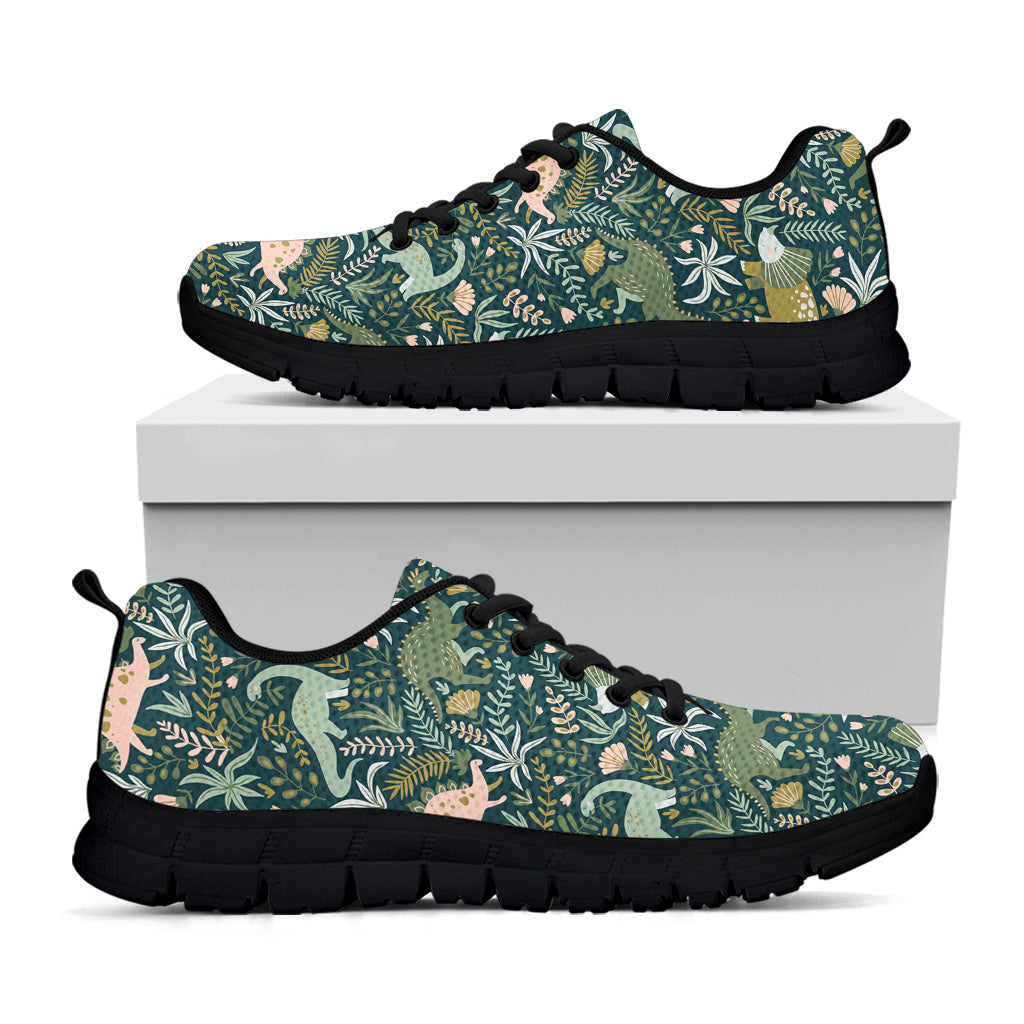 Cute Dino Tropical Leaves Pattern Print Black Sneakers