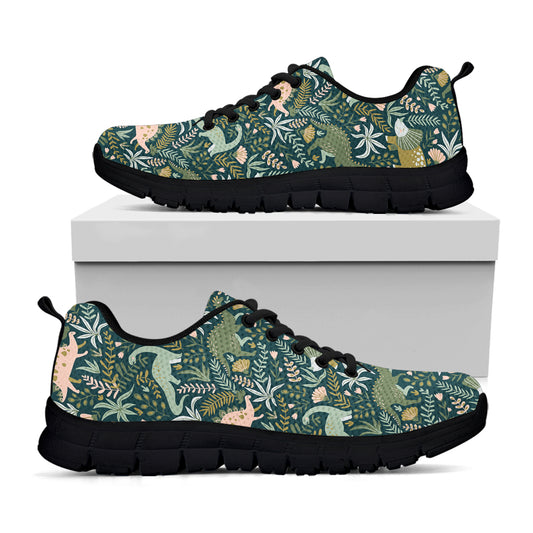 Cute Dino Tropical Leaves Pattern Print Black Sneakers