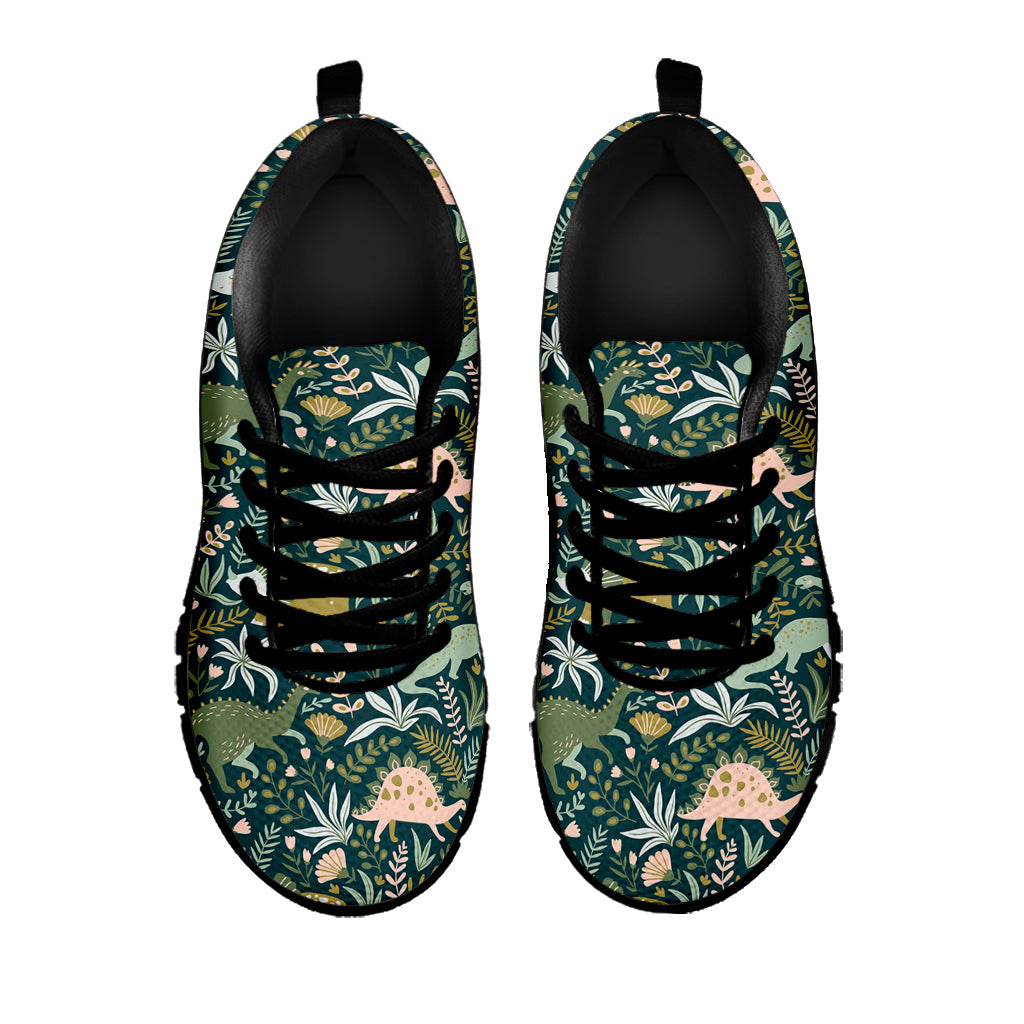 Cute Dino Tropical Leaves Pattern Print Black Sneakers