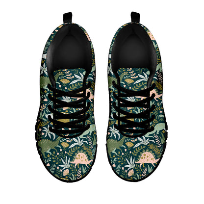 Cute Dino Tropical Leaves Pattern Print Black Sneakers
