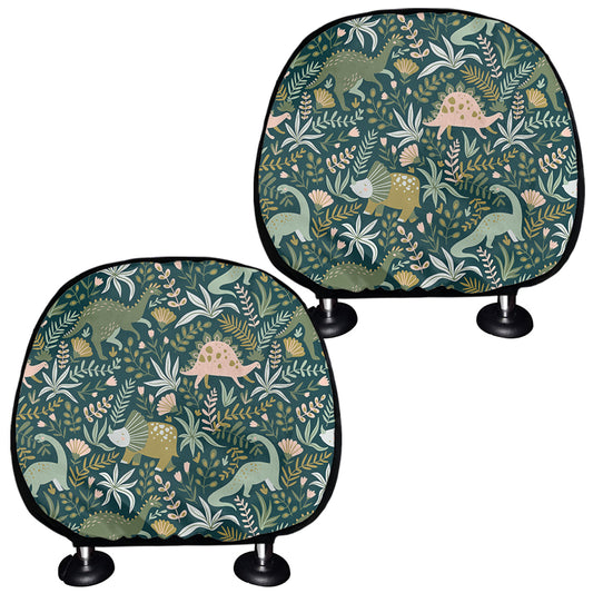 Cute Dino Tropical Leaves Pattern Print Car Headrest Covers