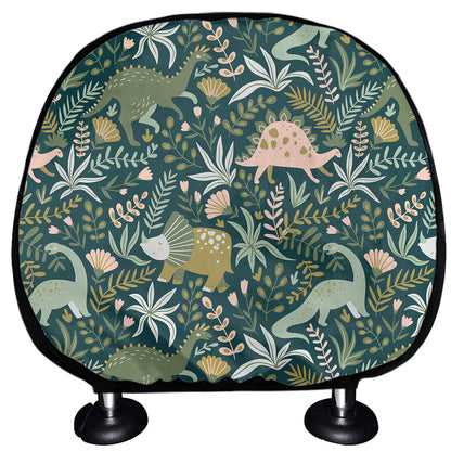 Cute Dino Tropical Leaves Pattern Print Car Headrest Covers