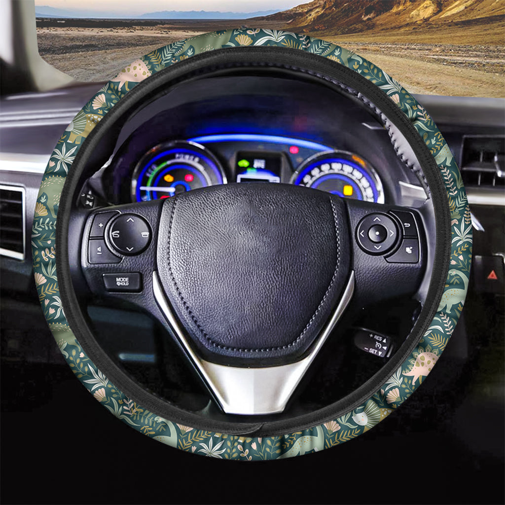 Cute Dino Tropical Leaves Pattern Print Car Steering Wheel Cover