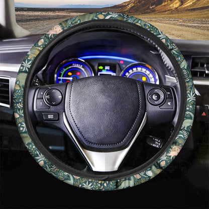 Cute Dino Tropical Leaves Pattern Print Car Steering Wheel Cover