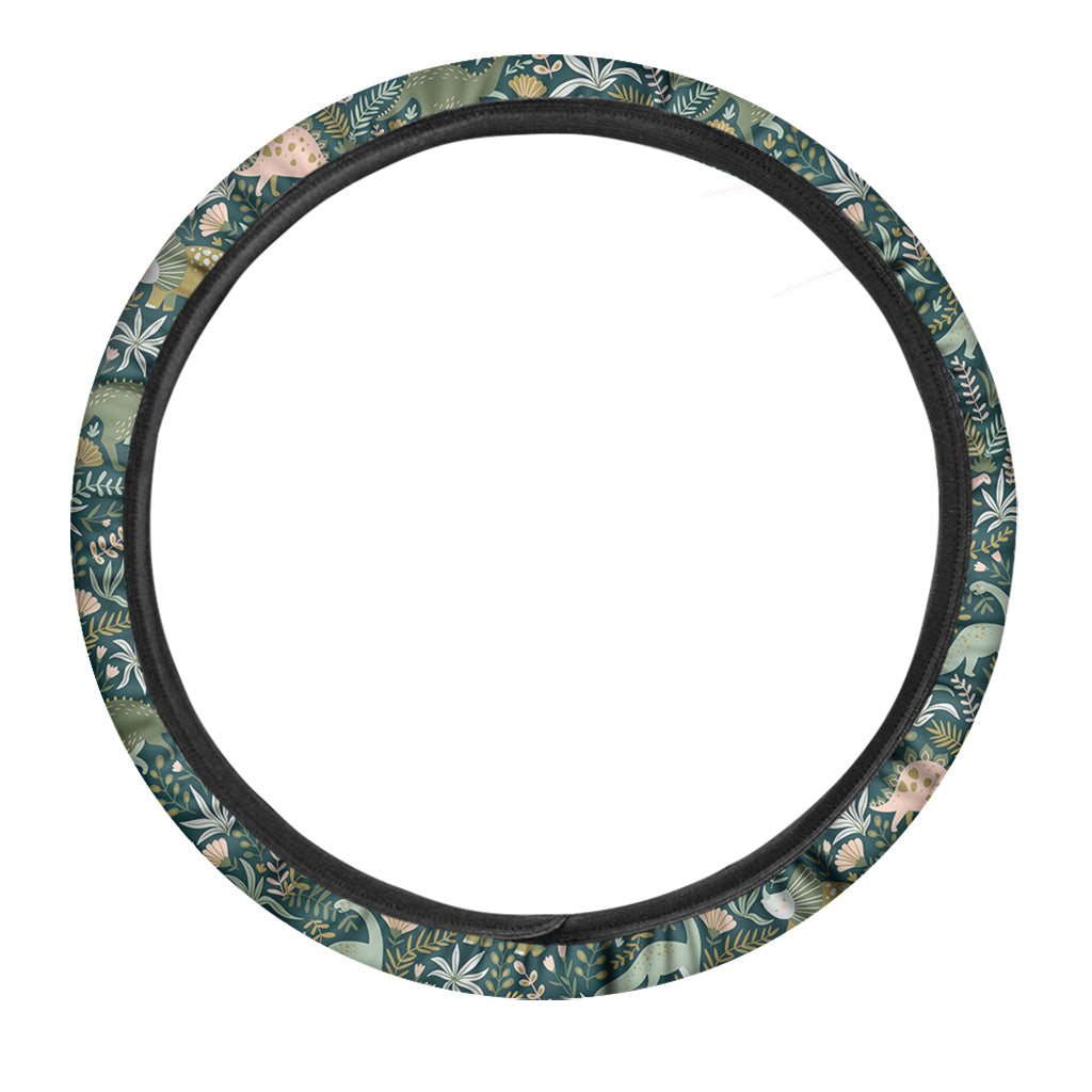 Cute Dino Tropical Leaves Pattern Print Car Steering Wheel Cover