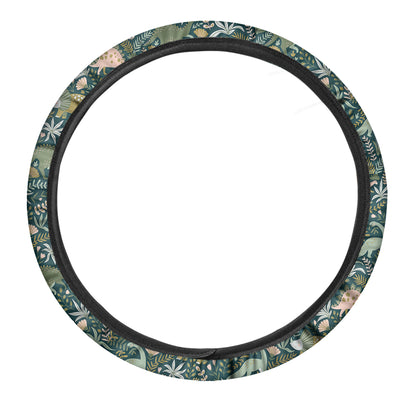 Cute Dino Tropical Leaves Pattern Print Car Steering Wheel Cover
