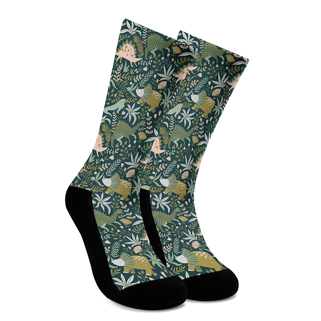 Cute Dino Tropical Leaves Pattern Print Crew Socks