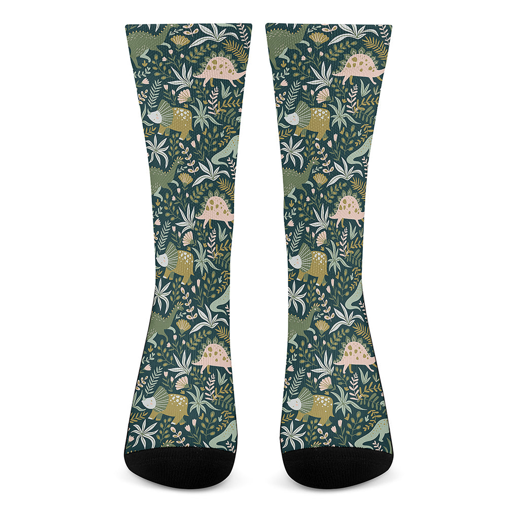 Cute Dino Tropical Leaves Pattern Print Crew Socks