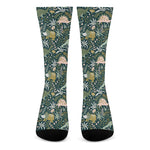 Cute Dino Tropical Leaves Pattern Print Crew Socks