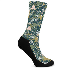 Cute Dino Tropical Leaves Pattern Print Crew Socks