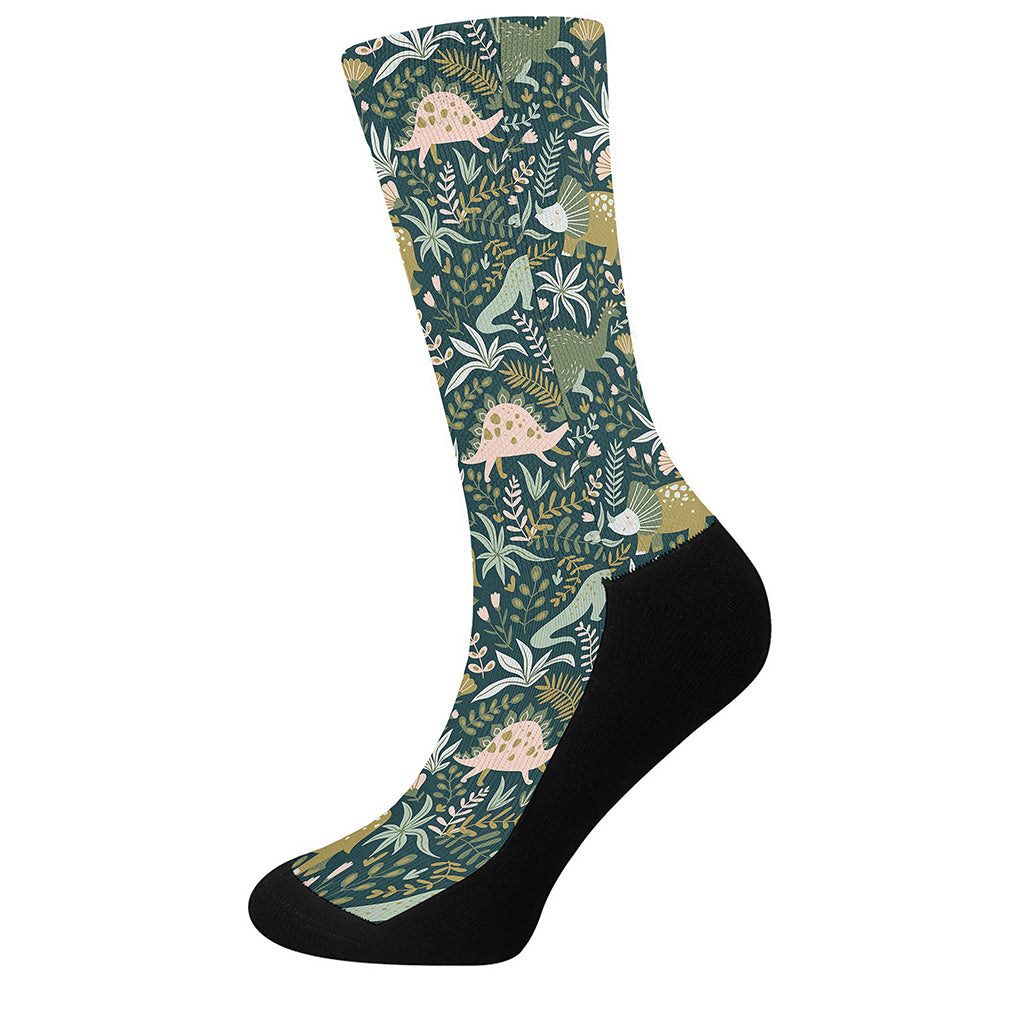 Cute Dino Tropical Leaves Pattern Print Crew Socks