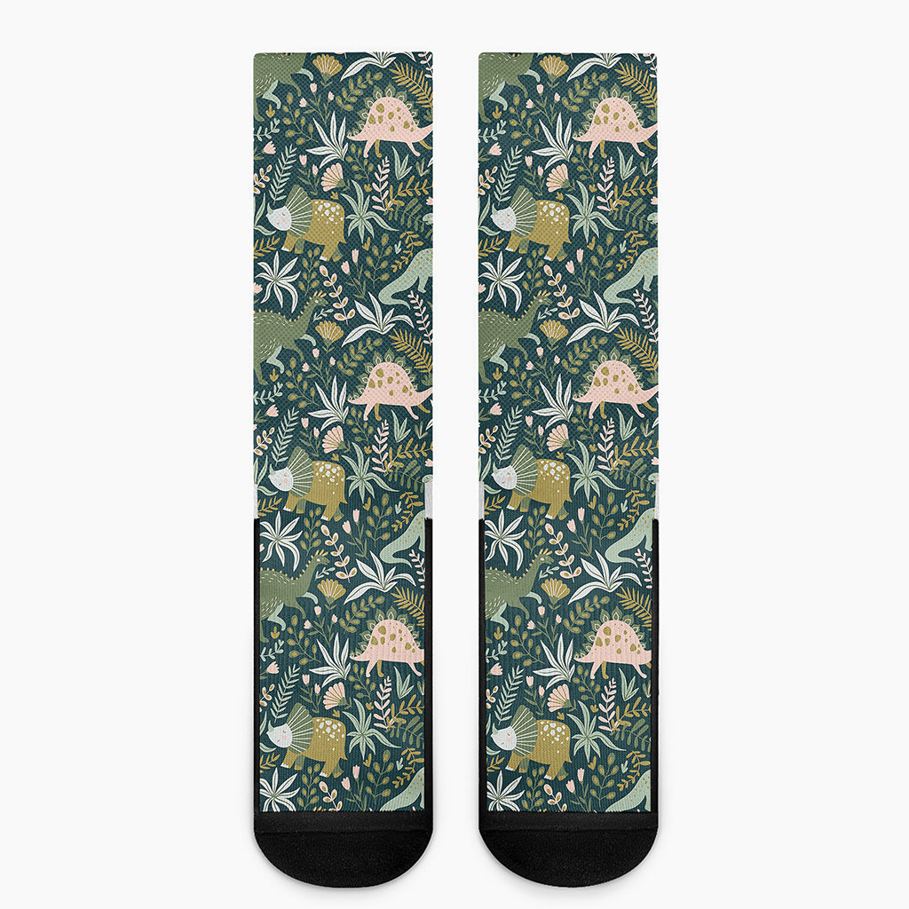 Cute Dino Tropical Leaves Pattern Print Crew Socks