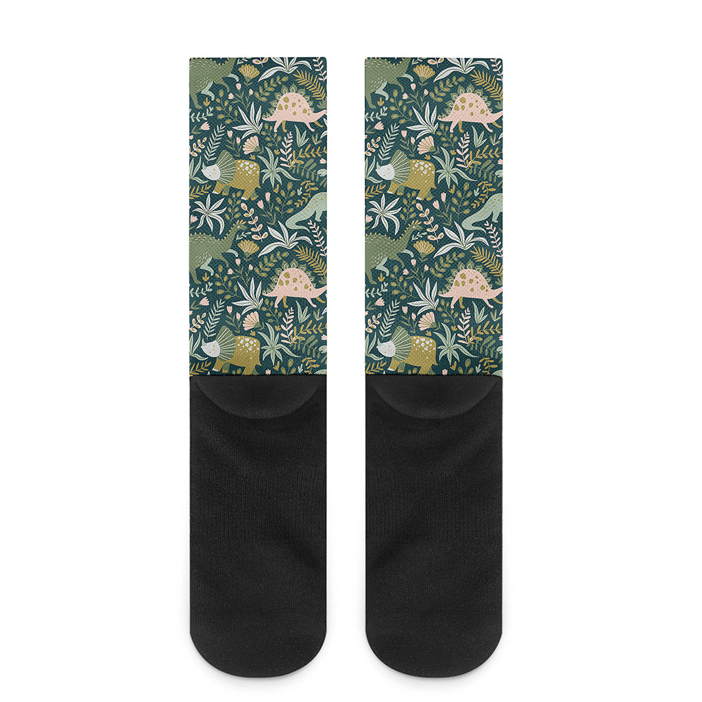 Cute Dino Tropical Leaves Pattern Print Crew Socks