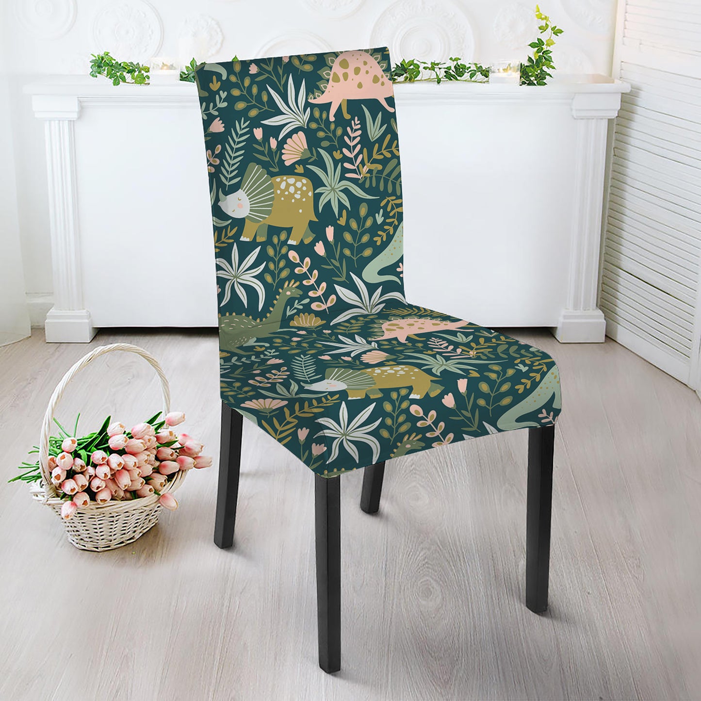 Cute Dino Tropical Leaves Pattern Print Dining Chair Slipcover