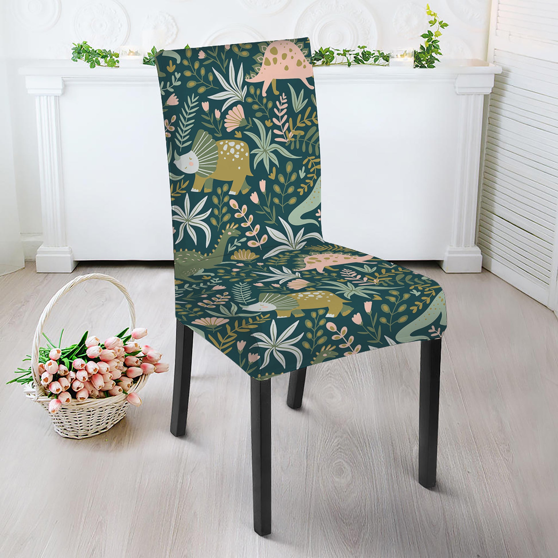 Cute Dino Tropical Leaves Pattern Print Dining Chair Slipcover