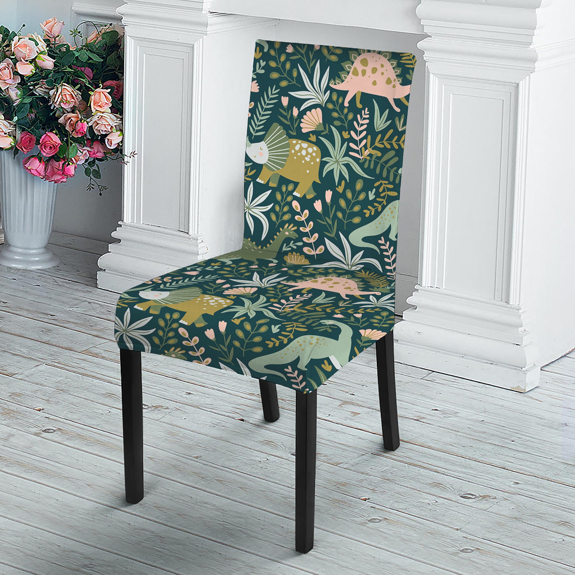 Cute Dino Tropical Leaves Pattern Print Dining Chair Slipcover